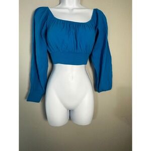 Blanco By Nature Ocean Blue Cotton Smocked Crop Top Puff Sleeve 48066 Peru M